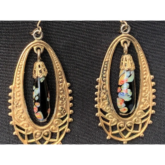 Vintage Millefiori Glass Drop Dangle Earrings - Picture 2 of 6